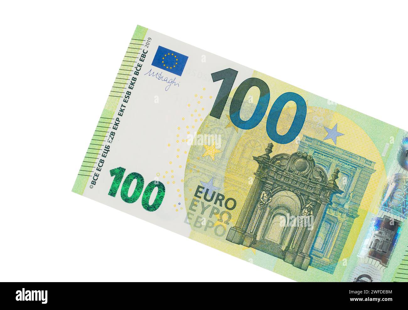 Individuelle Angaben zum Euro-Bargeld der Europäischen Union mit einem Nennwert von hundert Euro. Stockfoto