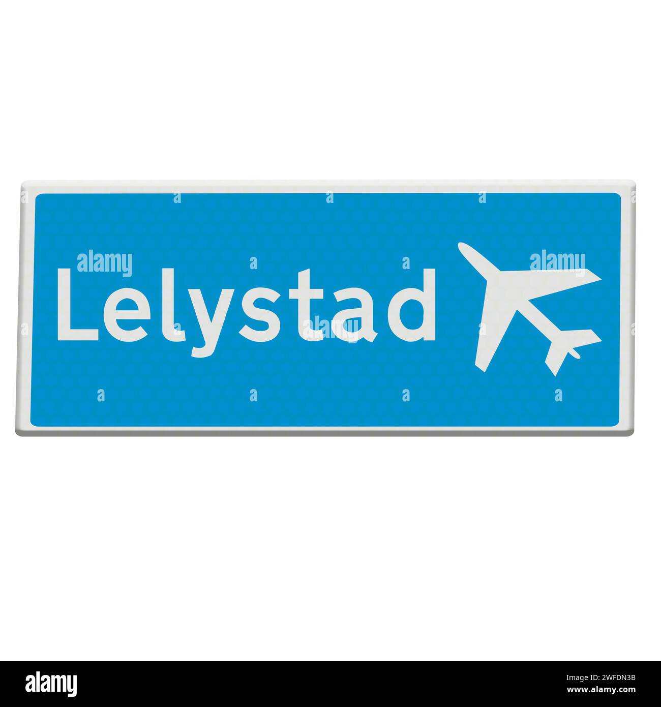 Amsterdam Niederlande 30. Januar 2024 digitale Illustration - Straßenschild für den Flughafen Lelystad. Heute stimmte eine Mehrheit des Unterhauses des niederländischen parlaments für einen Antrag zur Einstellung der Pläne für die kommerzielle Luftfahrt am Flughafen Lelystad. Der Flughafen ist seit langem eine politische heiße Kartoffel und plant, ihn für Urlaubsflüge zu öffnen, um Staus im nahe gelegenen Schiphol zu lindern. Stockfoto