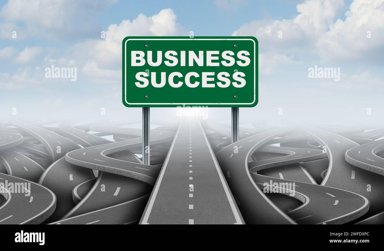 Business Success Konzept als klarer Weg zum Erfolg und zielgerichtete Ziele in der Unternehmensstrategie mit selbstbewusster Führung als Weg nach vorn Stockfoto