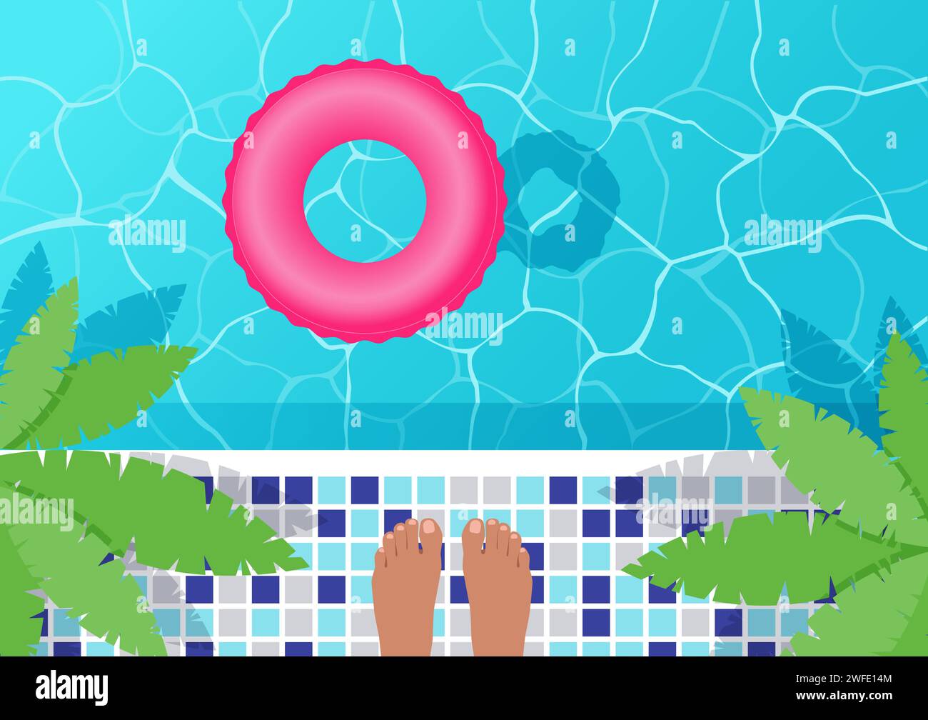 Vektorillustration eines Schwimmbades mit blauem Wasser, Draufsicht. Schwimmender aufblasbarer Ring. Stock Vektor