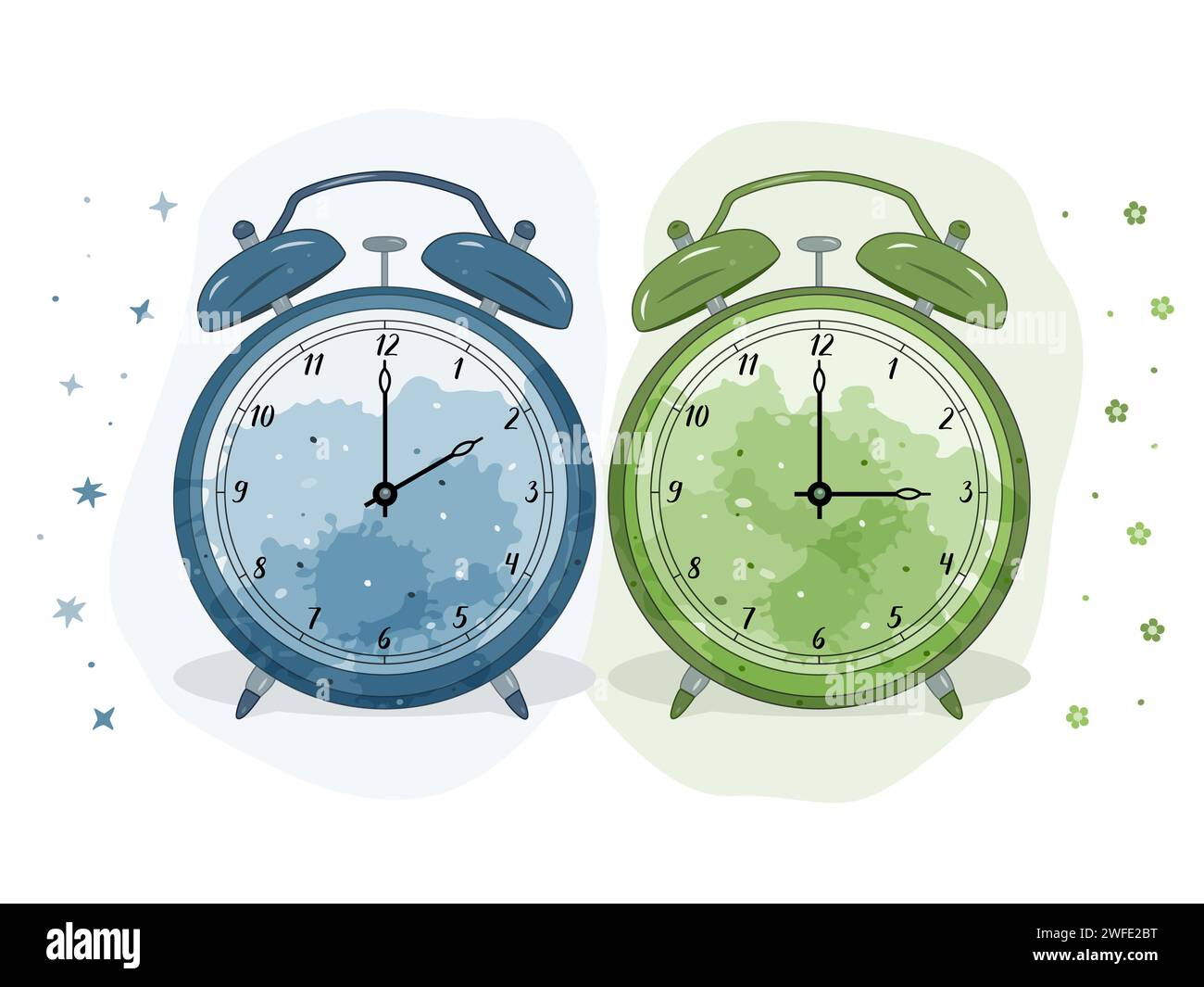 Abbildung: Zwei Wecker. Der blaue steht für den Winter, der grüne für den Frühling. Symbol für die Zeiteinstellung. Bewegen Sie die Hände von 2 nach 3. Stock Vektor