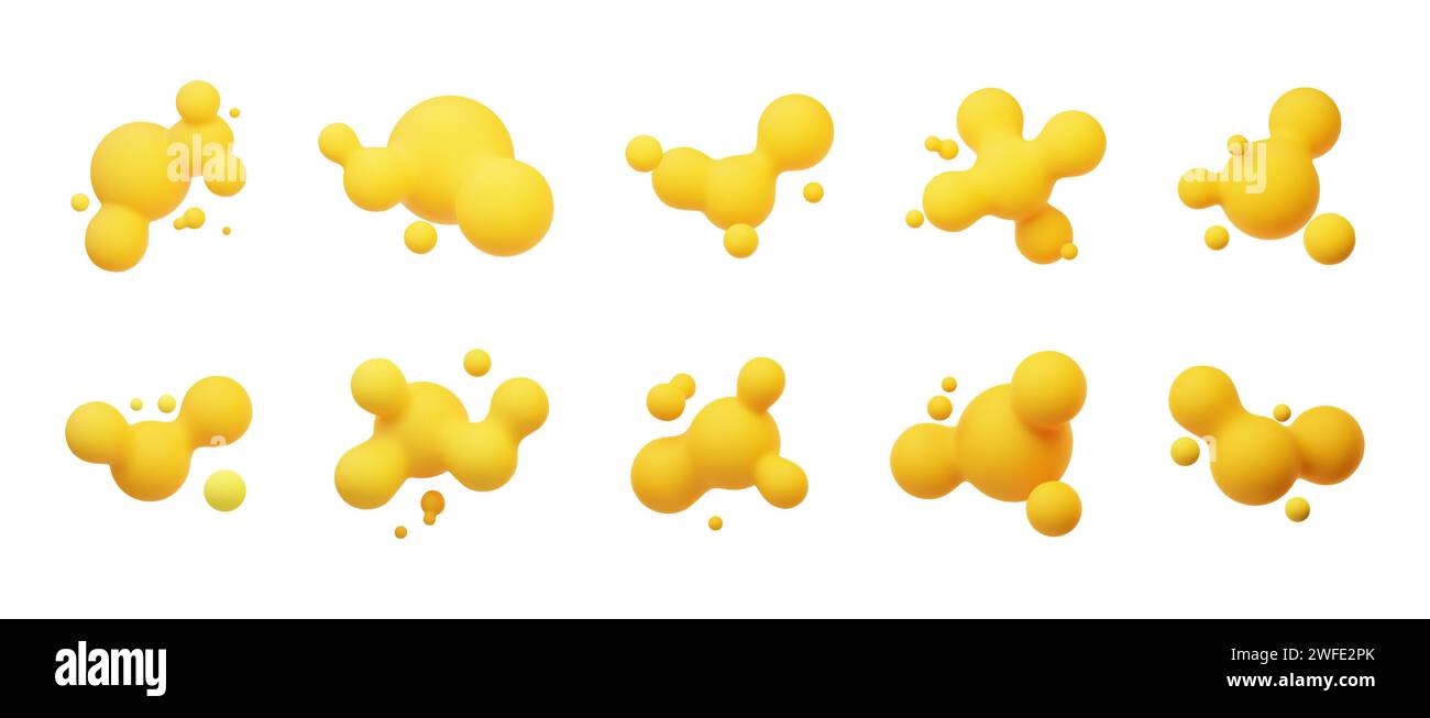 Gelbe 3D-Morphing-Kugeln. Flüssige Klumpen wie Lavalampen. Flüssige 3D-Metaballs. Bunte Vektor-Illustration für Karten, Poster, Werbung, Flyer. Isola Stock Vektor