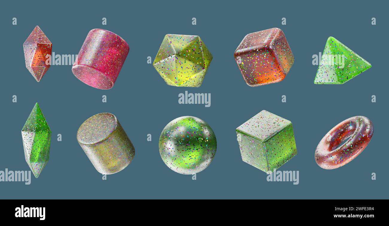 Crystal Candy Geometrieform Set isolierter Hintergrund 3D-Rendering ohne AI generiert Stockfoto