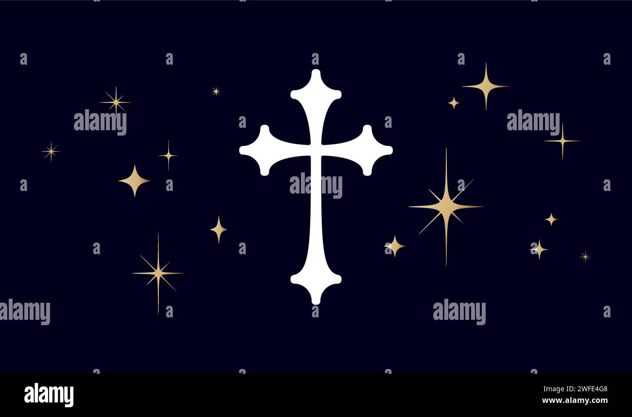 Christliches religiöses Kreuz. Symbol Religionskreuz auf dunklem Hintergrund, glänzende goldene Sterne. Weißes Gebetskreuz, religiöses Symbol, goldene Sterne, schwarzer christlicher glaube. Vektorabbildung Stock Vektor