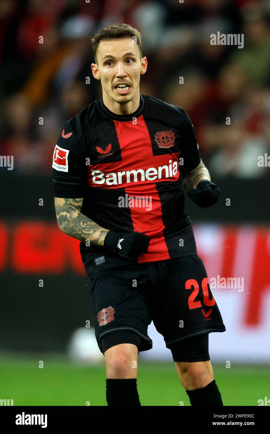 Leverkusen, Deutschland 1. Fussball-Bundesliga, 19. Spieltag, 19. Spieltag Bayer 04 Leverkusen : Borussia Mönchengladbach 0:0 27. 01. 2024 in der Bay-Arena in Leverkusen Alejandro GRIMALDO (LEV) Foto: Norbert Schmidt, Düsseldorf Stockfoto