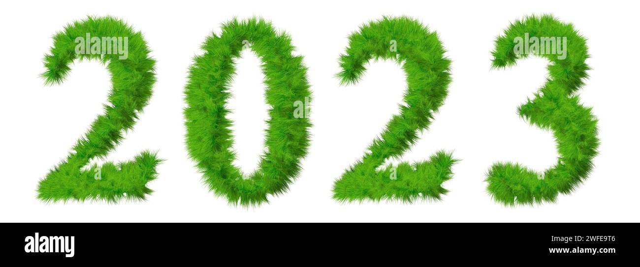 Konzept Konzept 2023 Jahre aus grünem Sommer Rasen Grassymbol isoliert auf weißem Hintergrund. 3D-Illustration als Metapher für die Zukunft, die Natur Stockfoto