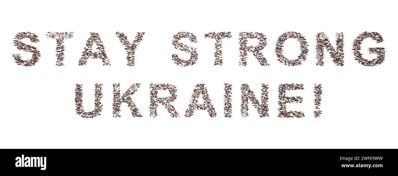 Konzeptkonzept große Gemeinschaft von Menschen, die sich bilden STAY STRONG UKRAINE! Nachricht. 3D Illustration Metapher für Solidarität, Mitgefühl, Zusammenarbeit Stockfoto