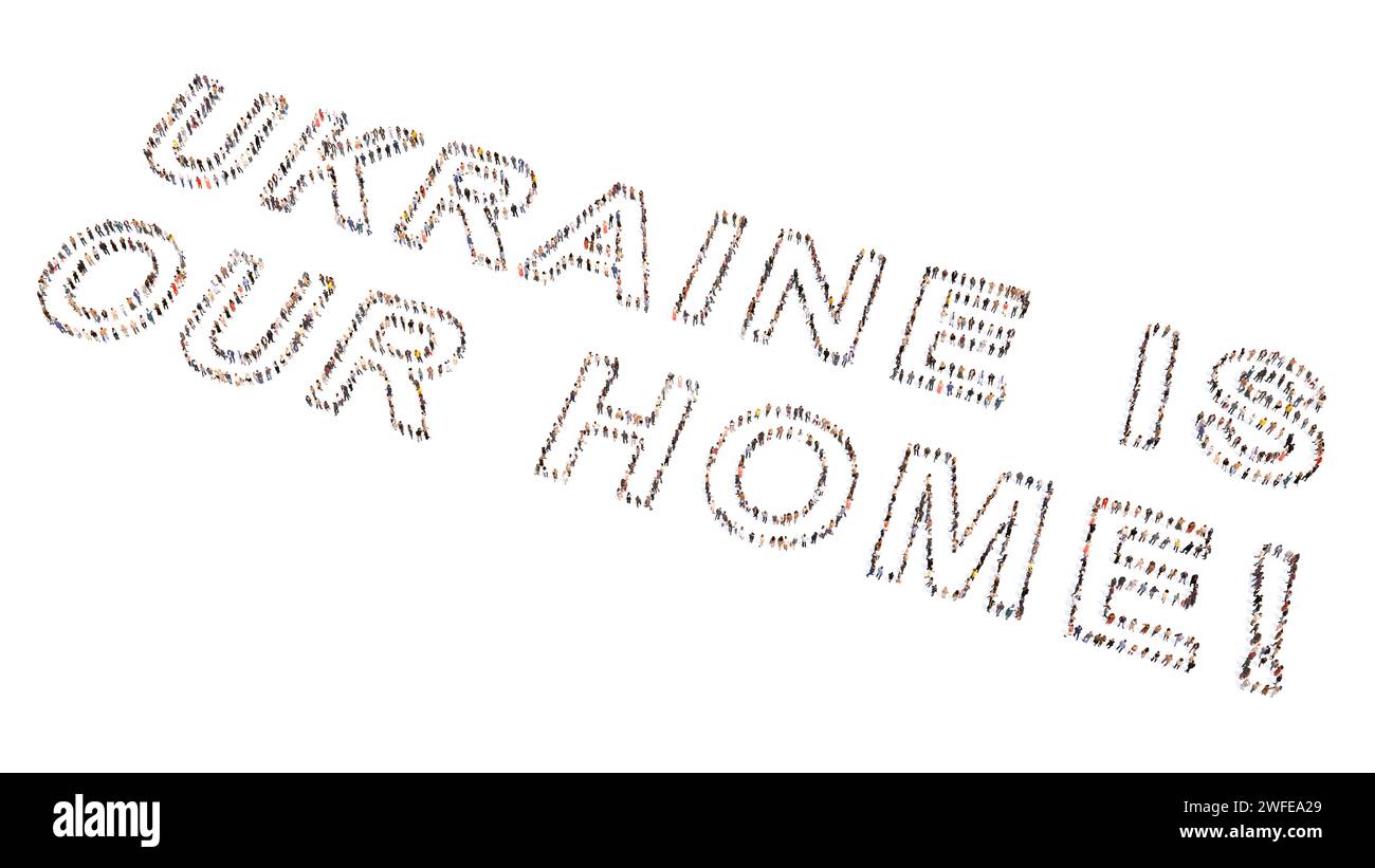 Die konzeptionelle Gemeinschaft der Menschen, die die UKRAINE bilden, IST UNSERE BOTSCHAFT. 3D Illustration Metapher für Land, Patriotismus, Resilienz und Entschlossenheit Stockfoto