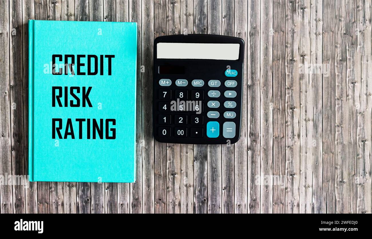 Geschäftskonzept. Auf der Tabelle befindet sich ein Taschenrechner, in einem Notizbuch eine Notiz - Kreditrisikobewertung. Stockfoto