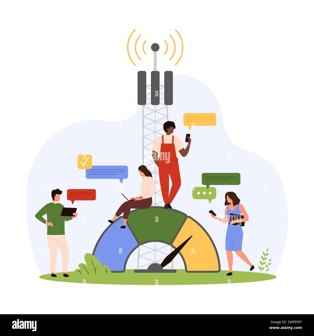 5G-Technologie, Telekommunikationsindustrie, Telekommunikationsnetz. Winzige Leute verbinden sich mit LTE-Senderinfrastruktur, Antennen-Mobilfunknetz mit Hochgeschwindigkeits-Zeichentrickfilm-Vektorillustration Stock Vektor