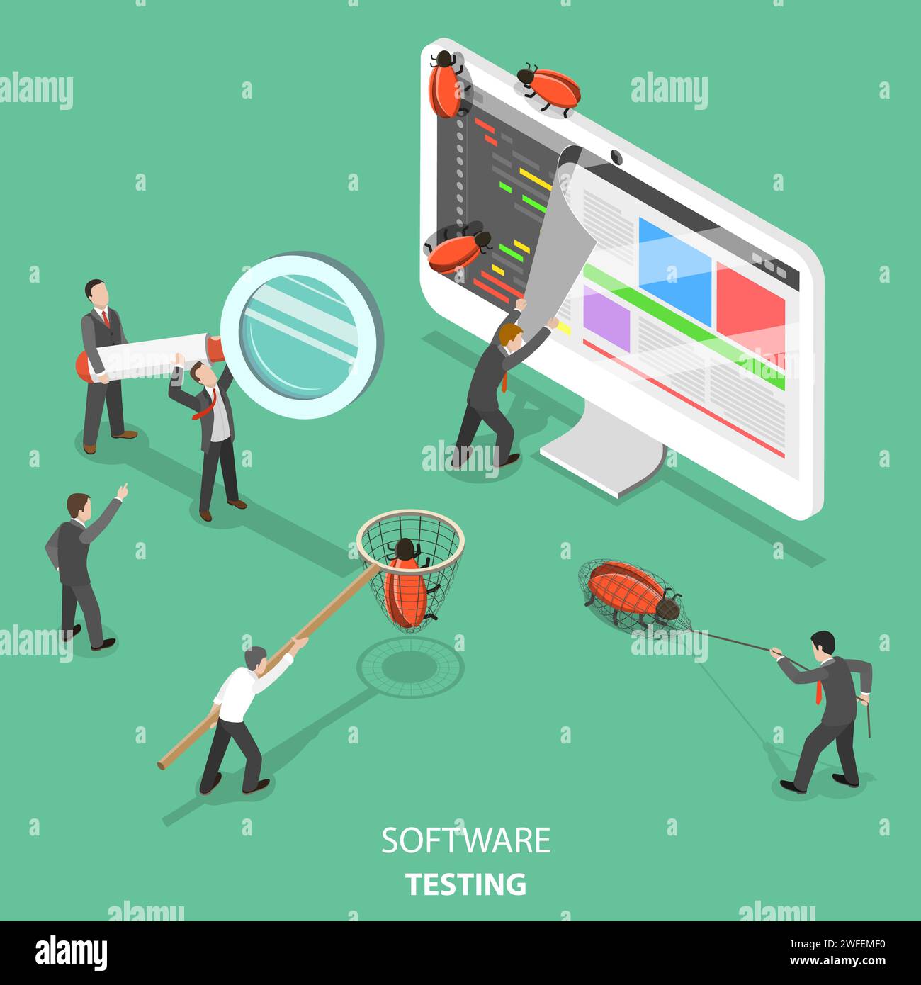 Software Testing Flachbild isometrische Vektor Konzept. Die Menschen sind, die die Webseite, das aussieht wie Papier Software Bugs zu suchen und zu fangen. Stock Vektor