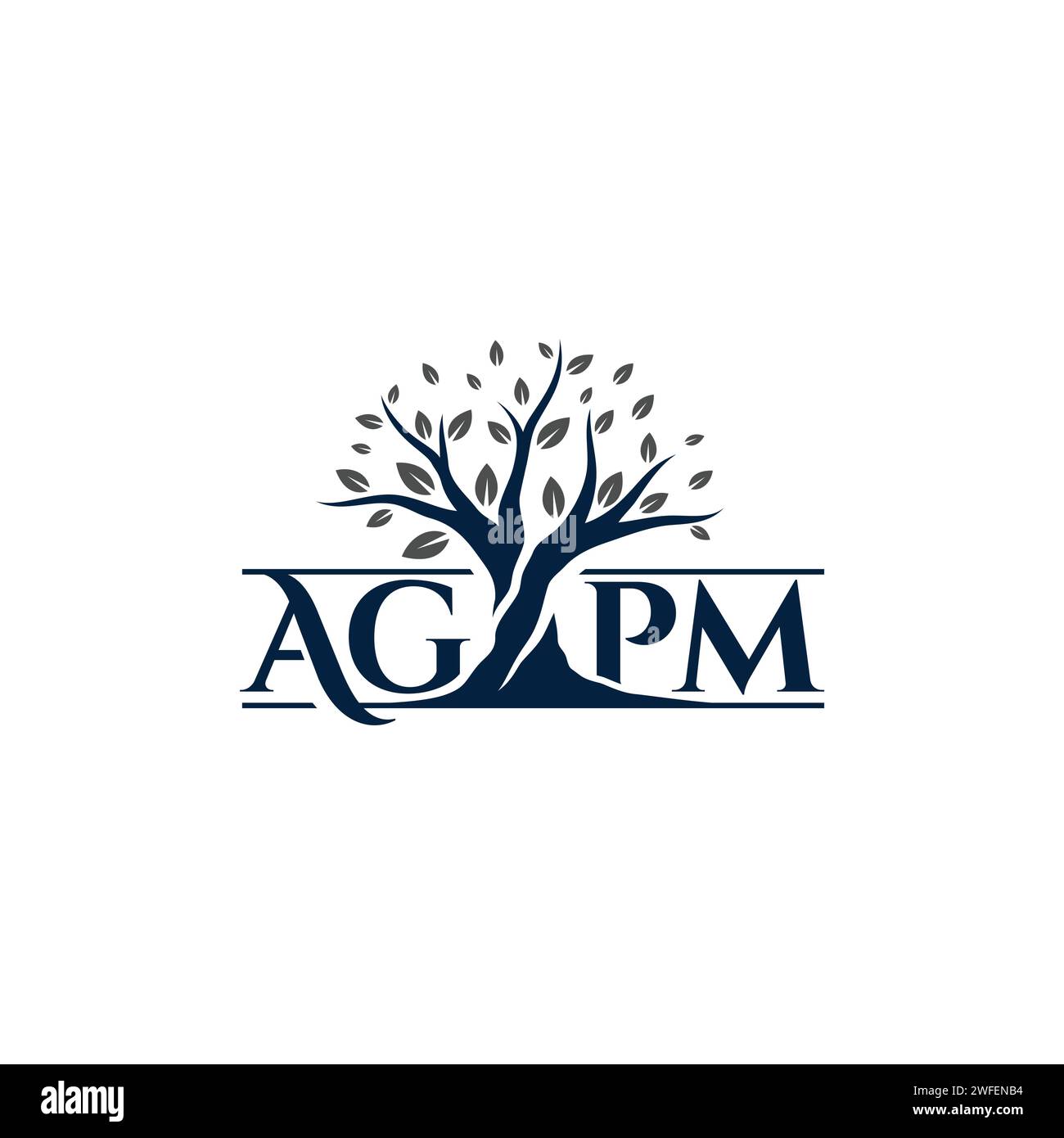 Baum mit Buchstabe AGPM Logo Design Konzept flache Stil Vorlagenvektor. Vektorabbildung Stock Vektor