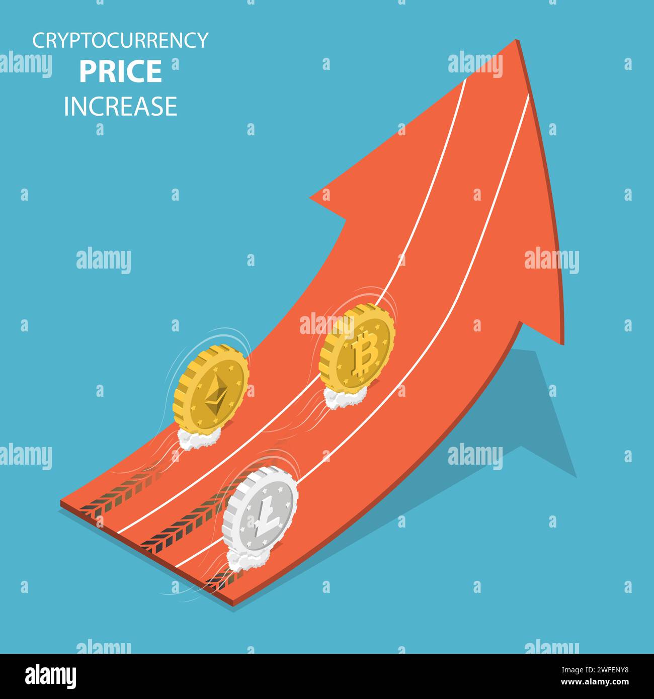 Cryptocurrency Preiserhöhung Flachbild isometrische Vektor. Bitcoin, des Astraleums, litecoin konkurrieren, läuft über eine riesige Pfeil, sieht aus wie ein laufender Stock Vektor