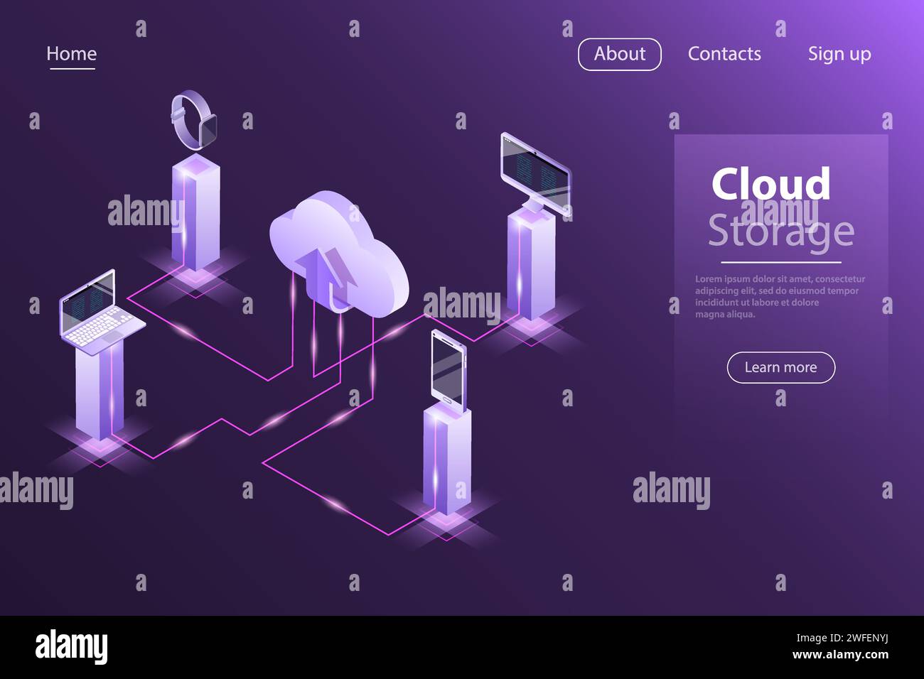 Flaches isometrisches Vektorkonzept für Cloud-Online-Speicher, Big-Data-Computing-Service, Synchronisierung mobiler Geräte. Stock Vektor