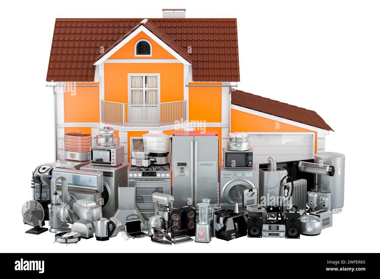 Haus mit Haushaltsgerät. Lieferung von Haushalts- und Küchengeräten. 3D-Rendering isoliert auf weißem Hintergrund Stockfoto Haus mit Haushaltsgerät. Lieferung von Haushalts- und Küchengeräten. 3D-Rendering isoliert auf weißem Hintergrund Stockfoto
