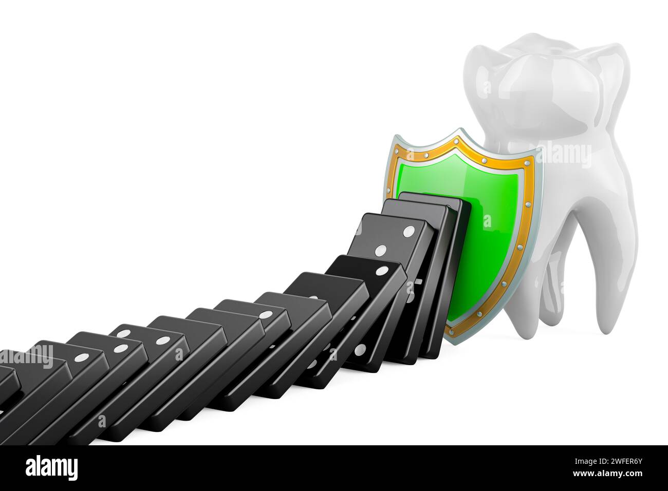 Vor dem Zahn abschirmen, Domino-Effekt stoppen. Zahnschutz, Konzept. 3D-Rendering isoliert auf weißem Hintergrund Stockfoto