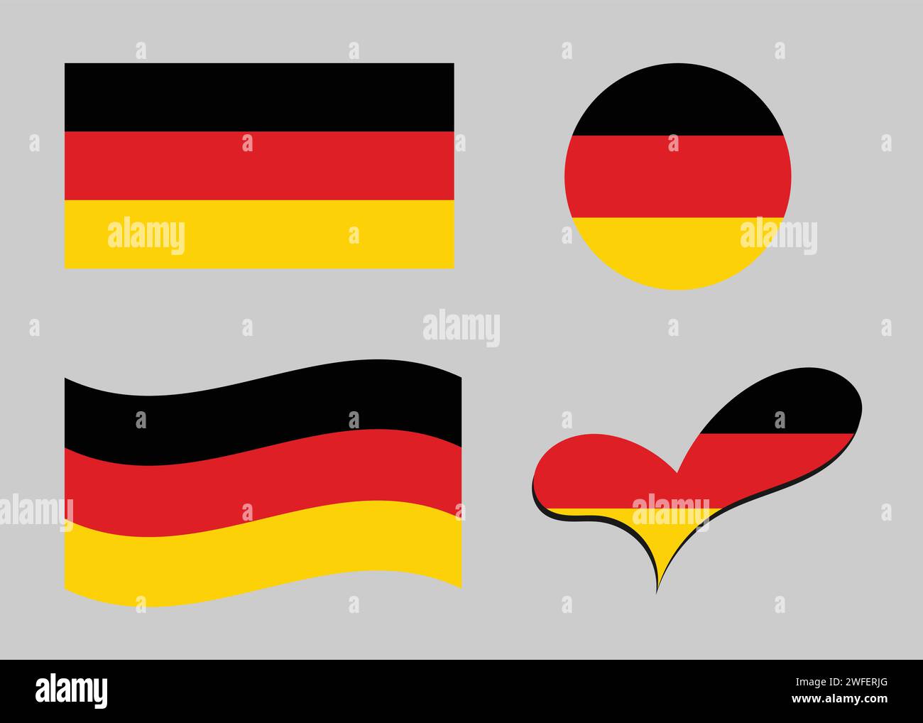 Flagge von Deutschland. Deutschland-Flagge in Herzform. Deutschland-Flagge in Kreisform. Varianten der Landesflagge Stock Vektor