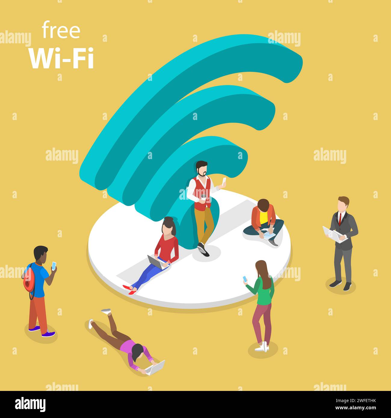 Isometrisches Flachvektorkonzept mit kostenlosem wifi, wi-fi-Hotspot, öffentlichem Zugang. Stock Vektor
