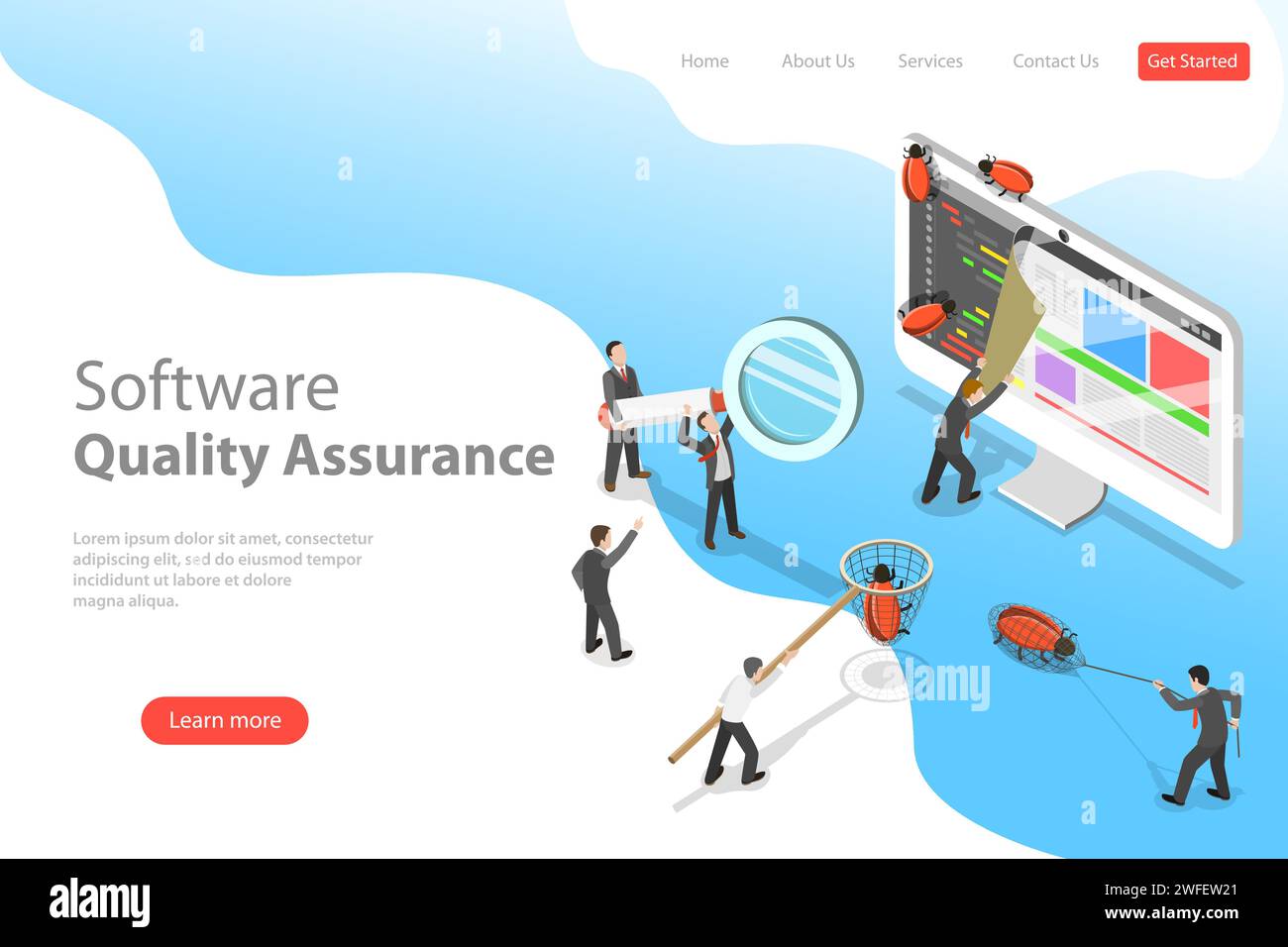 Isometrische Landing-Page-Vorlage für flache Vektoren für Software-Qualitätssicherung, SQA, Produkttests und -Debugging, Programmierung und Codierung. Stock Vektor