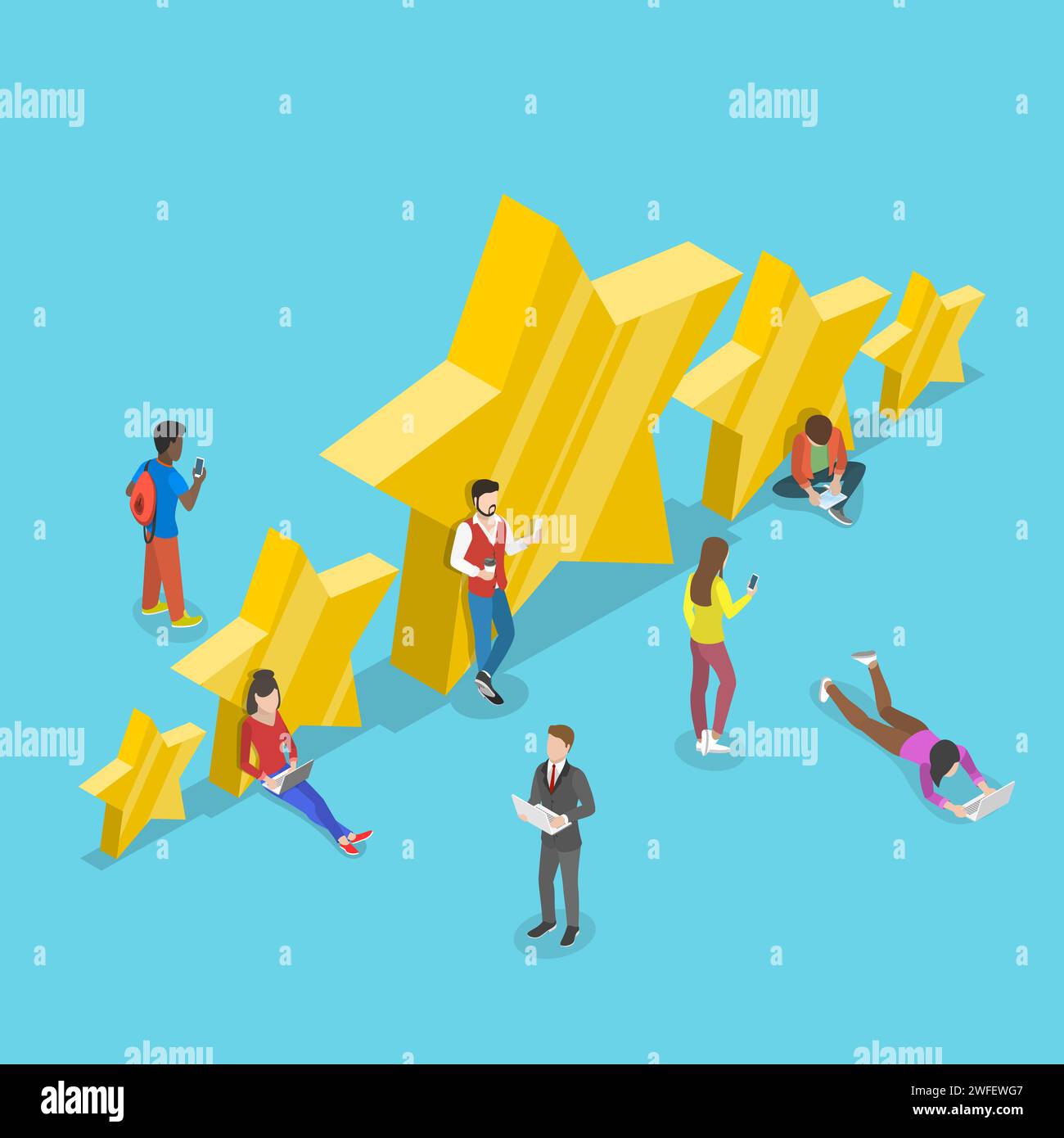 Flaches isometrisches Vektorkonzept mit fünf Sternen, beste Bewertung, Kundenfeedback, positive Bewertung. Stock Vektor