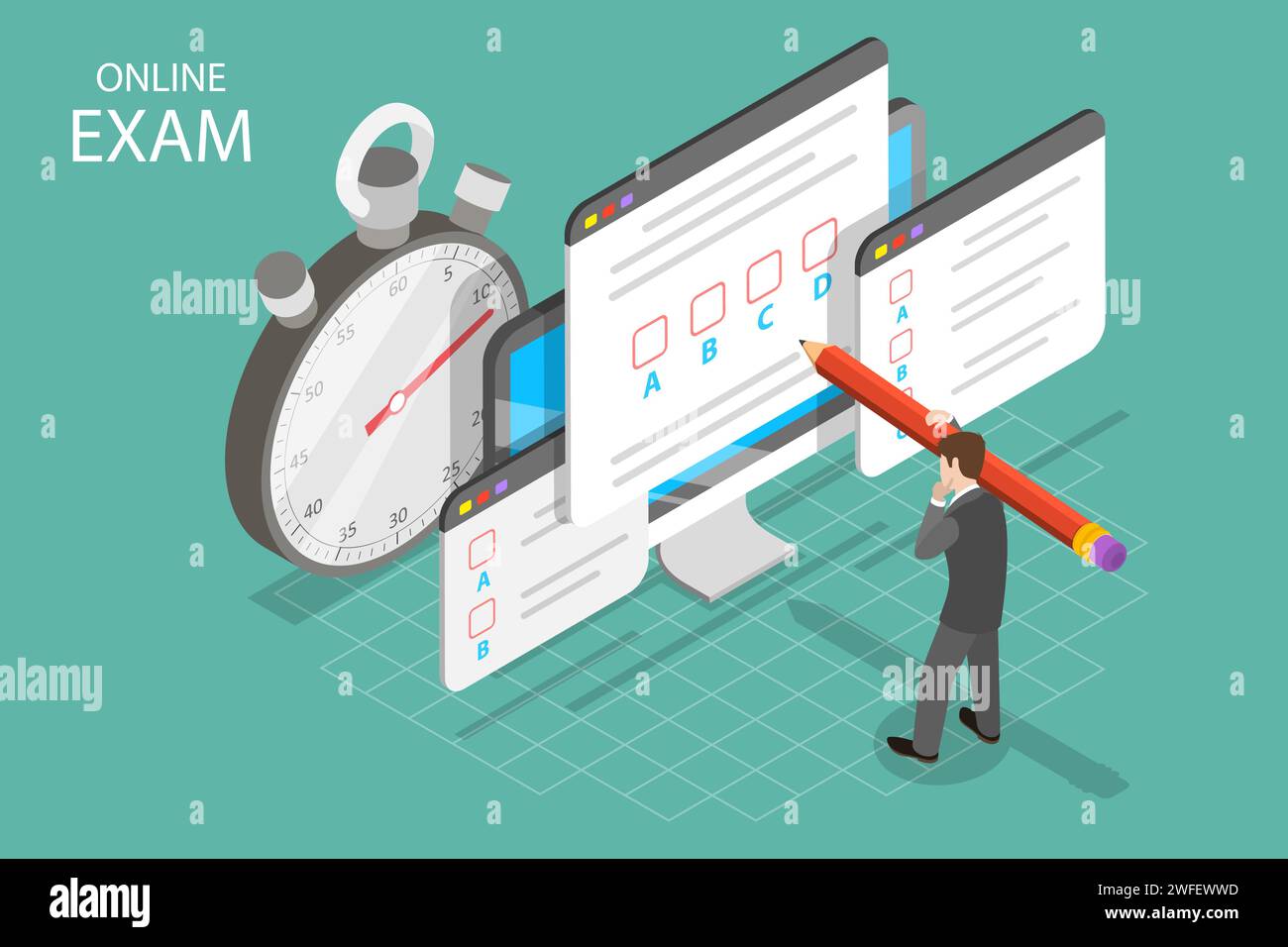 Isometrisches Flachvektorkonzept für Online-Prüfung, Fragebogenformular, Online-Schulung, Umfrage, Internet-Quiz. Stock Vektor