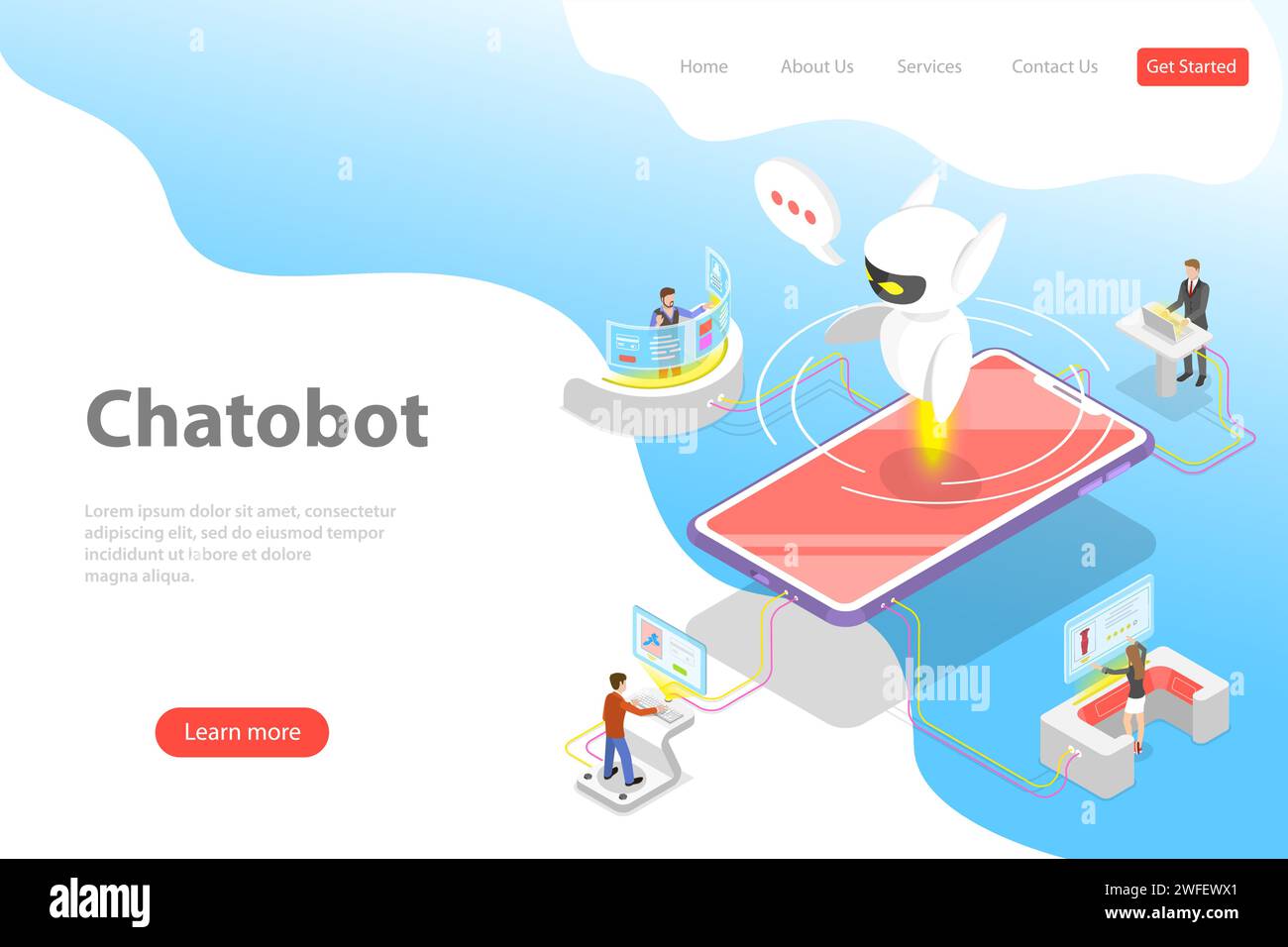 Flache isometrische Landingpage-Vorlage für Chatbot, KI, künstliche Intelligenz, Kundensupport, Markierungsstrategie. Stock Vektor