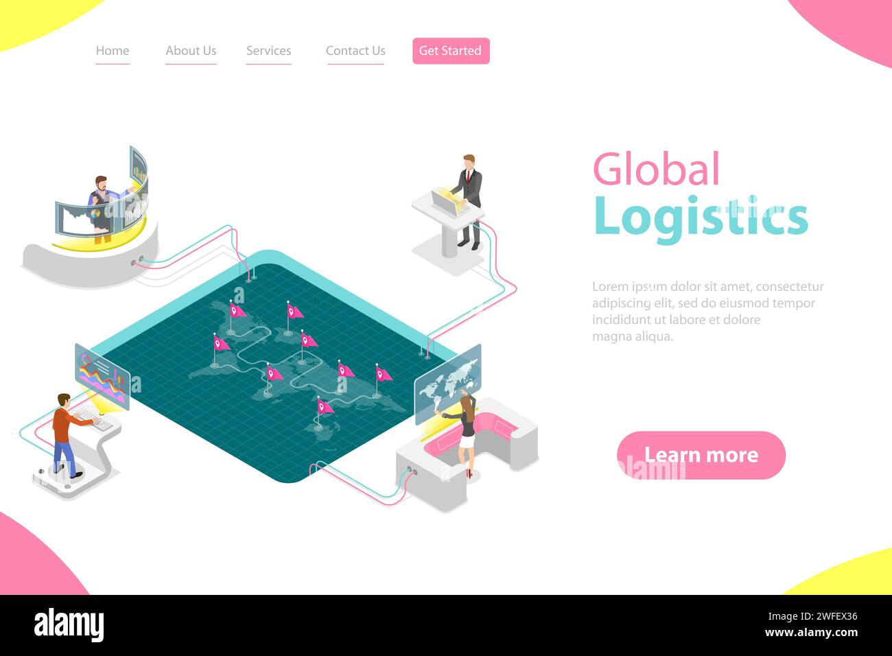 Flache isometrische Vektor-Landing-Page-Vorlage für globale Logistik, weltweiten Frachtversand, schnelle Lieferung. Stock Vektor
