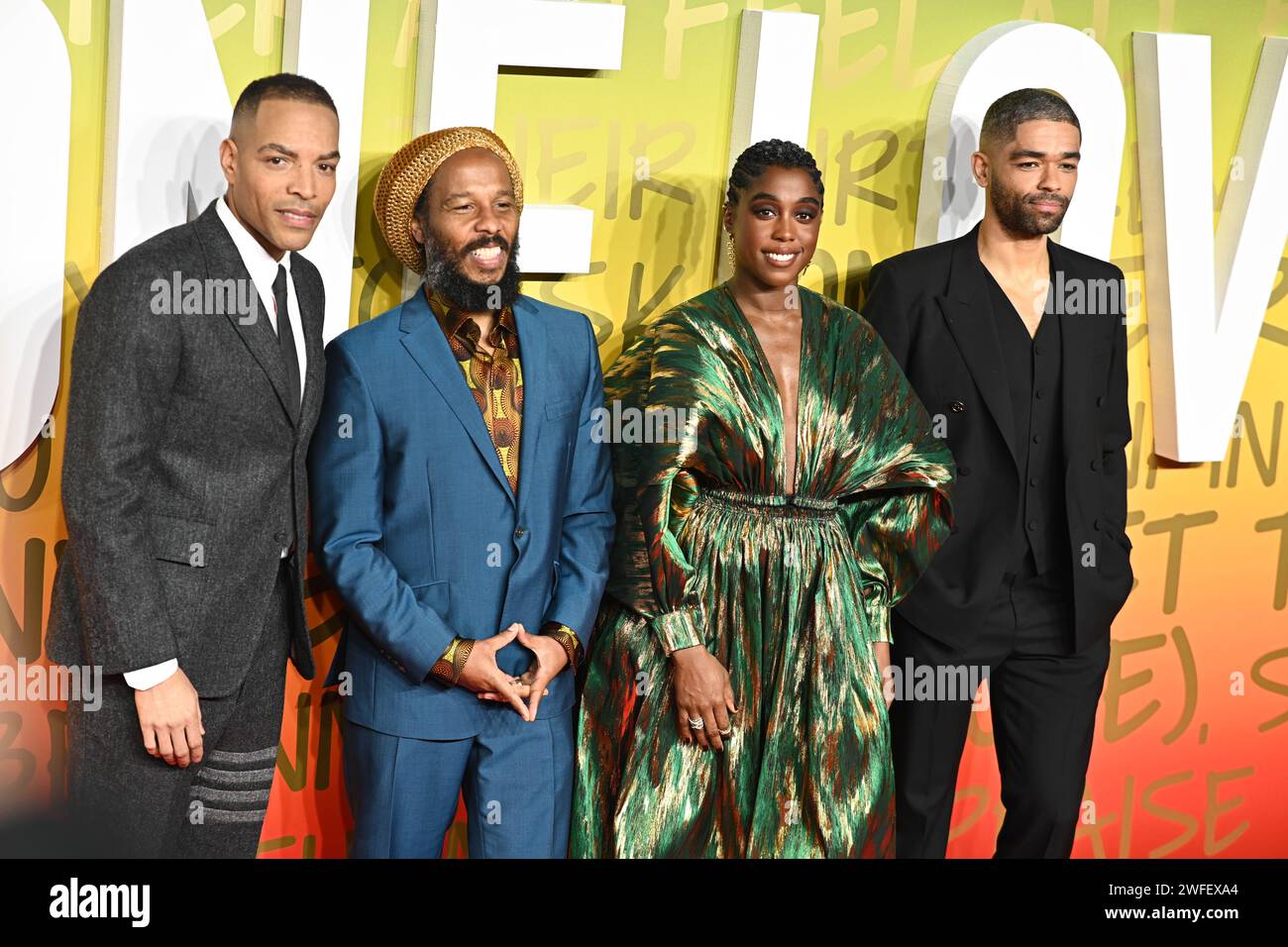 London, Großbritannien. 30. Januar 2024. Reinaldo Marcus Gree, Ziggy Marley, Lashana Lynch und Kingsley Ben-Adir nehmen an der britischen Premiere von Bob Marley: One Love im BMX IMAX in London Teil. Quelle: Siehe Li/Picture Capital/Alamy Live News Stockfoto