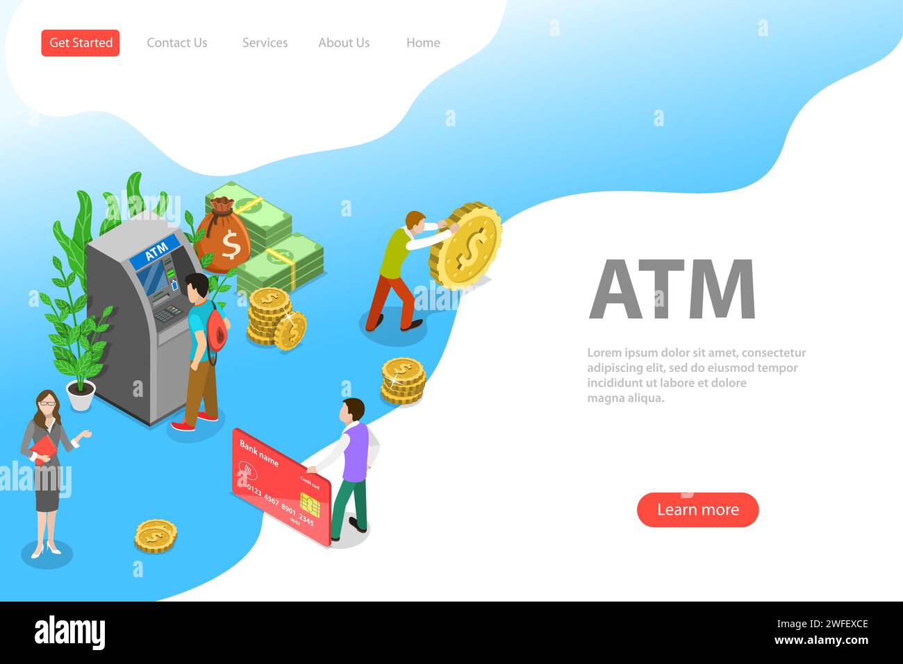 Isometrische flache Vektor-Landing-Page-Vorlage von Geldautomaten, Bankkarten, automatischem Geldautomat, Bargeld erhalten. Stock Vektor