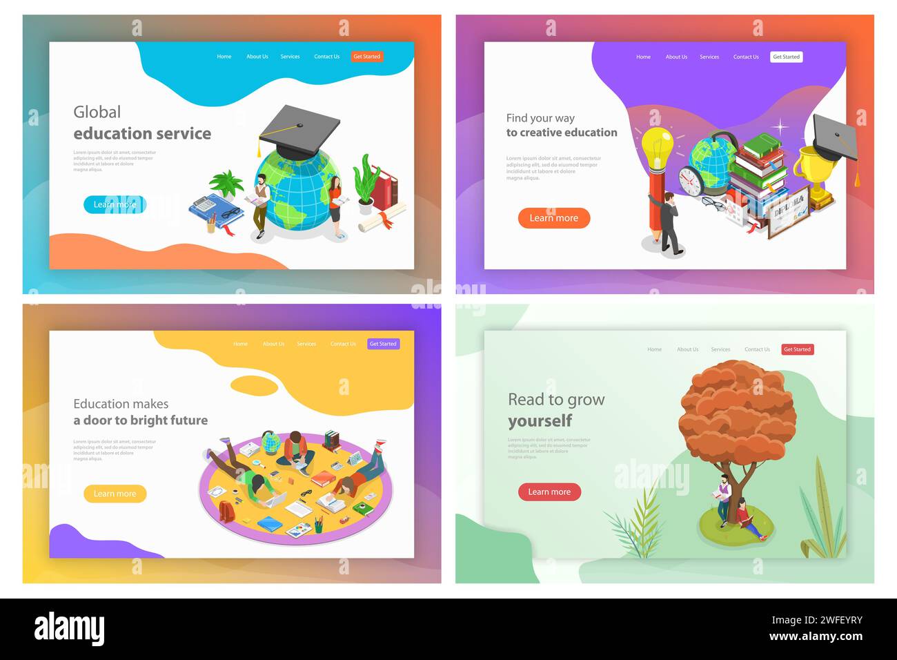 Isometrische flache Vektor-Landing-Page-Vorlagen für Bildung, Lesen und Wissen. Stock Vektor