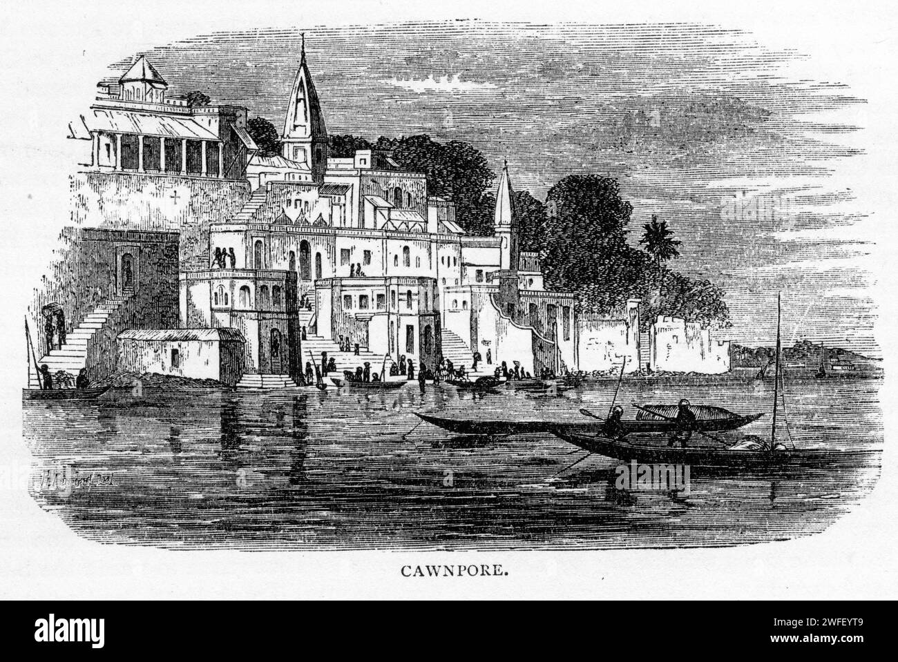 Gravur von Kanpur, früher als Cawnpore anglisiert, einer großen Industriestadt im zentralen westlichen Teil des Bundesstaates Uttar Pradesh, Indien. Kanpur wurde 1207 gegründet und wurde zu einer der wichtigsten Handels- und Militärstationen Britisch-Indiens. Veröffentlicht um 1900 Stockfoto