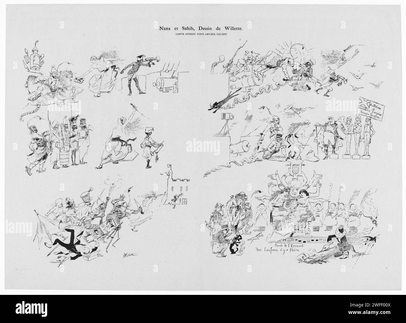 Illustration für die Zeitschrift Le Chat noir vom 5. Januar 1884. Victor Hugo wird als Hindu-Göttin Kali unten rechts im Bild dargestellt. Andere Bilder beziehen sich auf die Rebellion in Indien, angeführt von Nana Sahib. Stockfoto