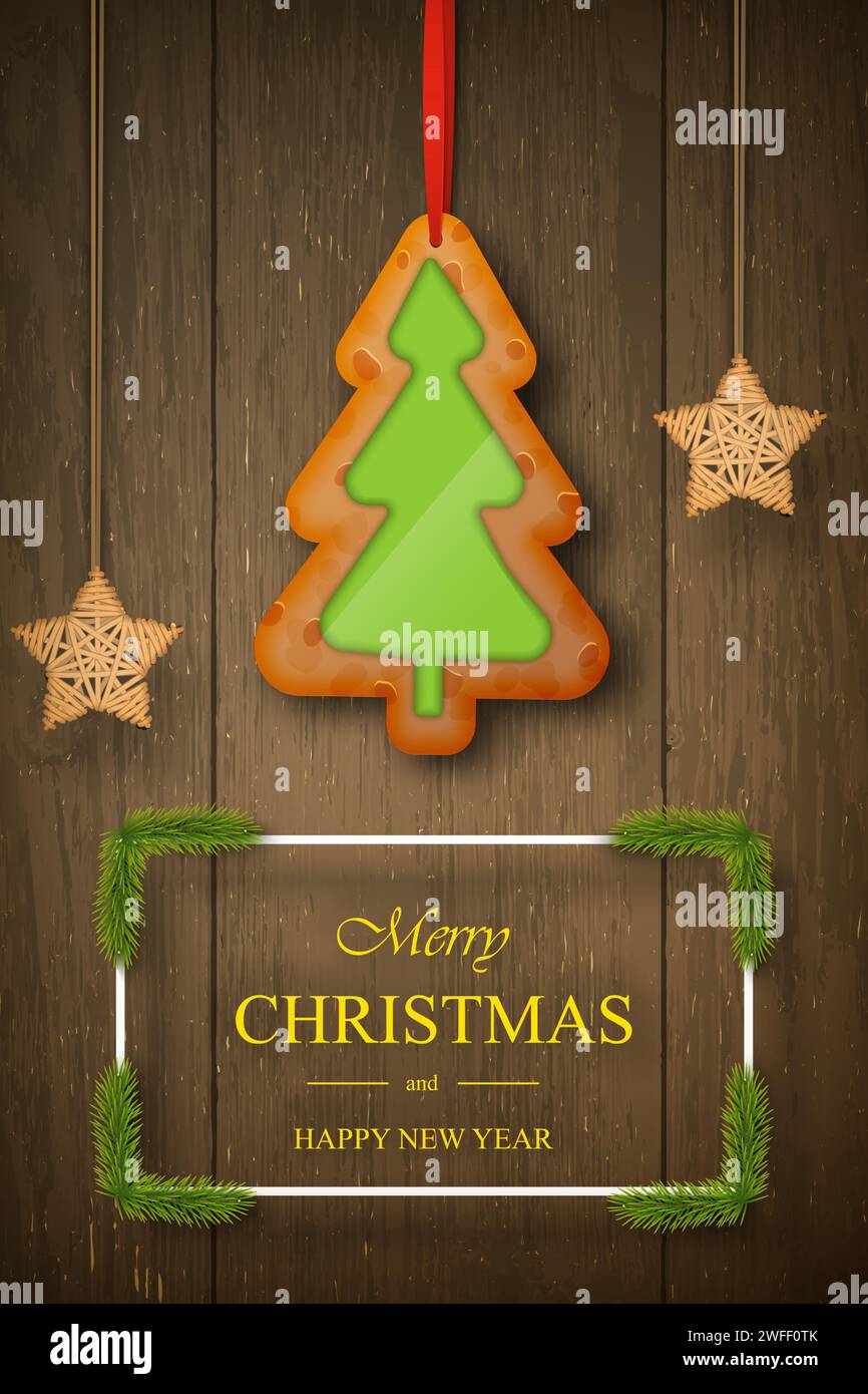 Weihnachts-Lebkuchen auf dunklem hölzernem Hintergrund mit Wünschen, Kiefernzweigen, hölzernen Sternen. Für Grußkarten, Poster und Banner. Vektorabbildung. Stock Vektor