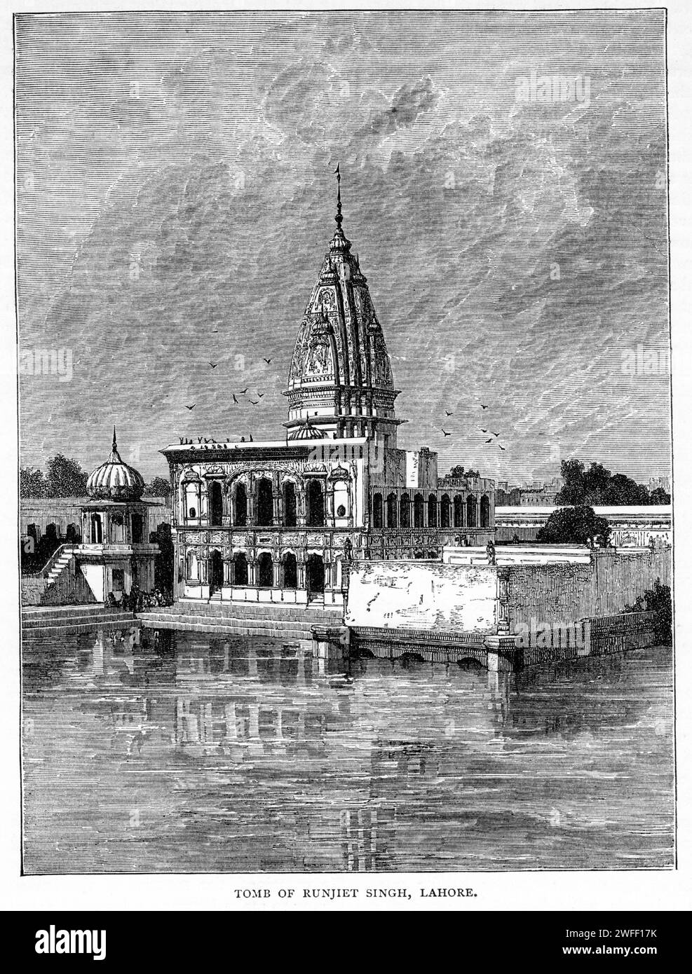 Gravur des Samadhi von Ranjit Singh, einem Gebäude aus dem 19. Jahrhundert in Lahore, Pakistan, das die Graburnen des Sikh Maharaja Ranjit Singh (1780–1839) beherbergt. Sie befindet sich neben dem Fort Lahore und der Badshahi-Moschee sowie der Gurdwara Dera Sahib, die um 1900 veröffentlicht wurde Stockfoto