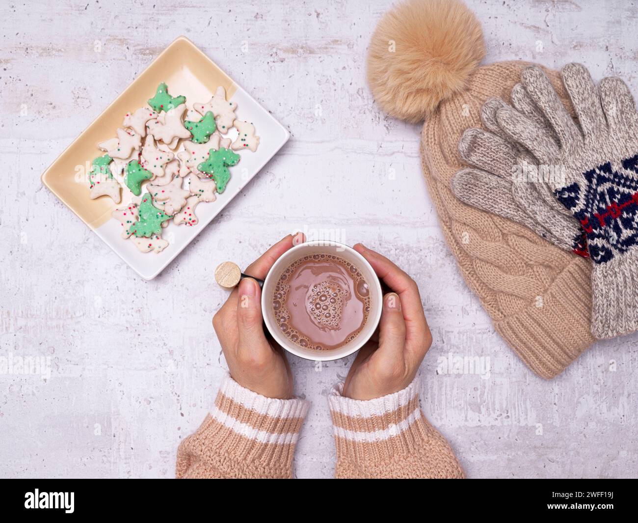 Ein flaches Foto von den Händen einer Frau, die eine Tasse heißen Kakao, Tierkracker, Handschuhe und einen Hut an der Seite hält. Stockfoto