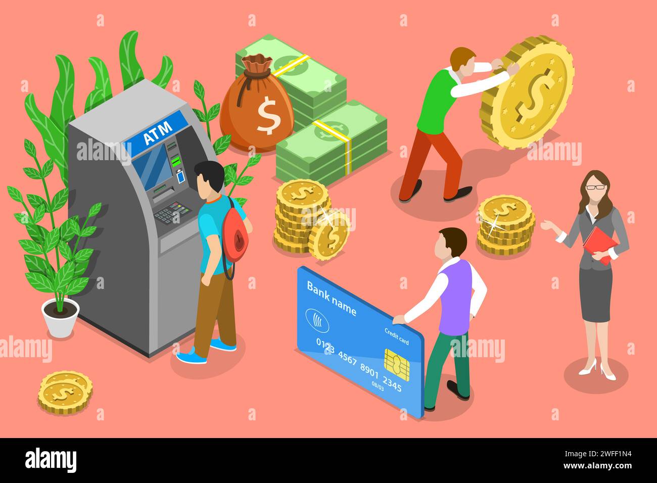 Isometrisches flaches Vektorkonzept von Geldautomaten, Bankkarte, automatischem Geldautomat, Bargeld bekommen. Stock Vektor