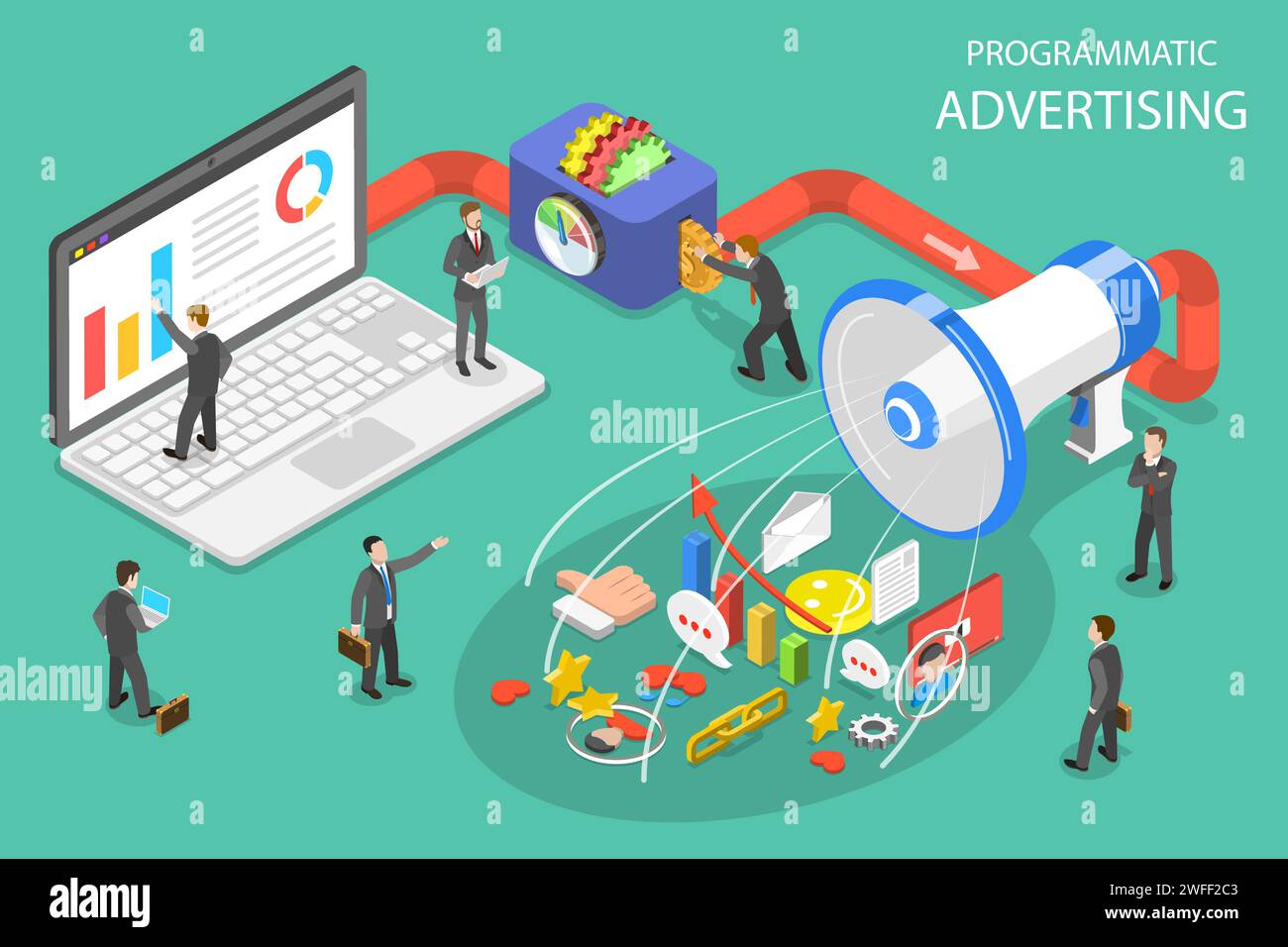 Flaches isometrisches Vektorkonzept der programmatischen Werbung, Social Media Kampagne. Stock Vektor