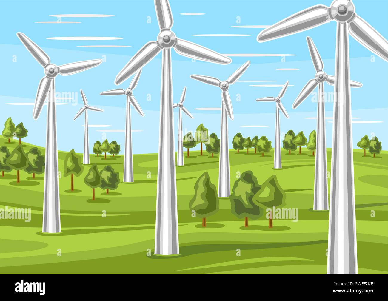 Vektor-Illustration von Wind Power Farm, horizontales Poster mit Zeichentrickdesign Wind Energie Feld auf blauem bewölktem Himmel Hintergrund, futuristische Landschaft wi Stock Vektor