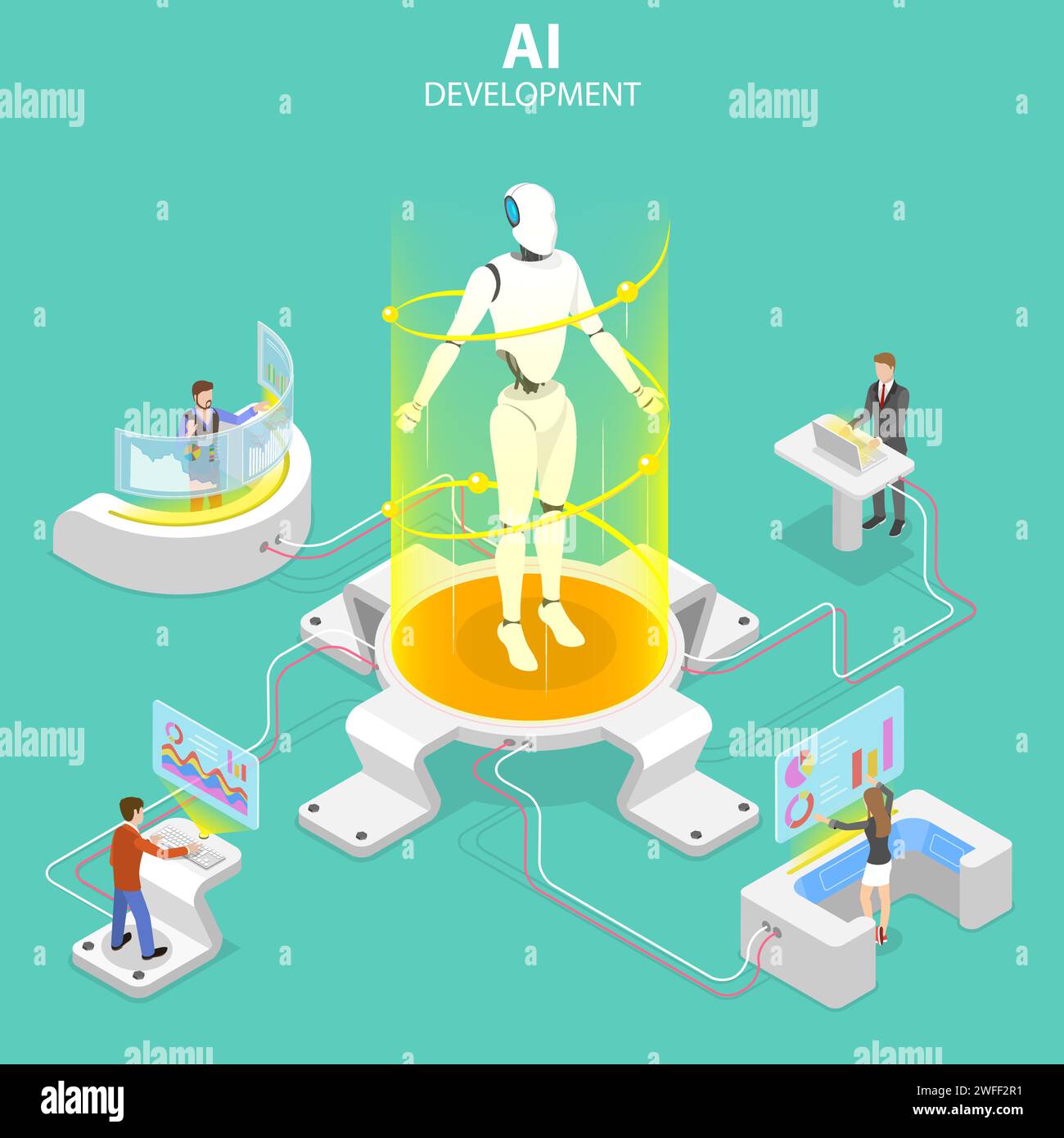 Flaches isometrisches Vektorkonzept für KI-Entwicklung, Kooperation von Robotern und Menschen, künstliche Intelligenz, rpa, iot. Stock Vektor