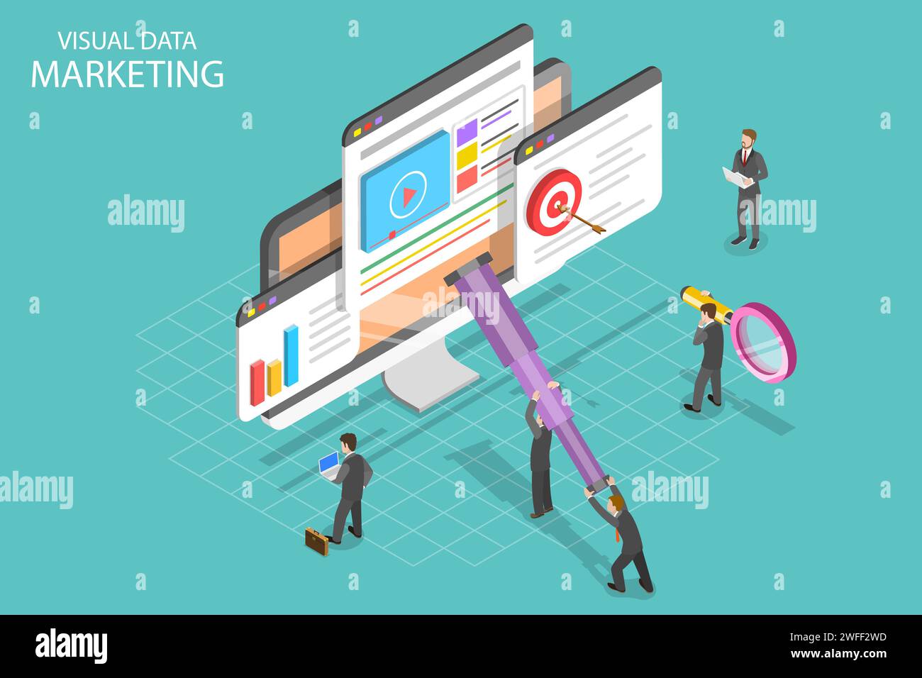 Isometrisches Flachvektorkonzept für visuelles Datenmarketing, datengesteuerte Kampagne, Analyse von Statistiken. Stock Vektor