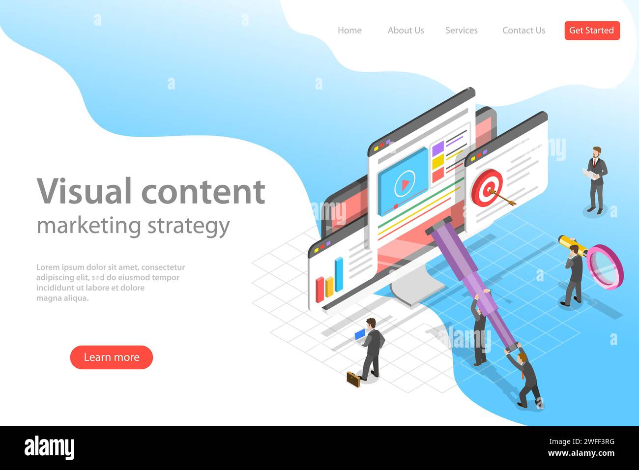 Isometrische flache Vektor-Landing-Page-Vorlage für visuelle Daten-Marketing-Strategie, datengesteuerte Kampagne, Analyse von Statistiken. Stock Vektor