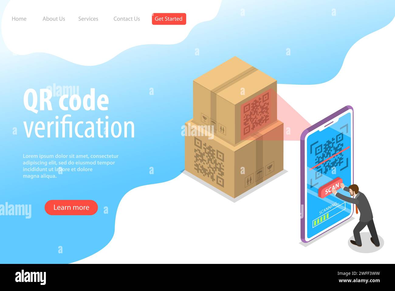 Isometrische flache Vektor-Landingpage-Vorlage für QR-Code, Barcode-Scannen, Verifizierungs-App. Stock Vektor