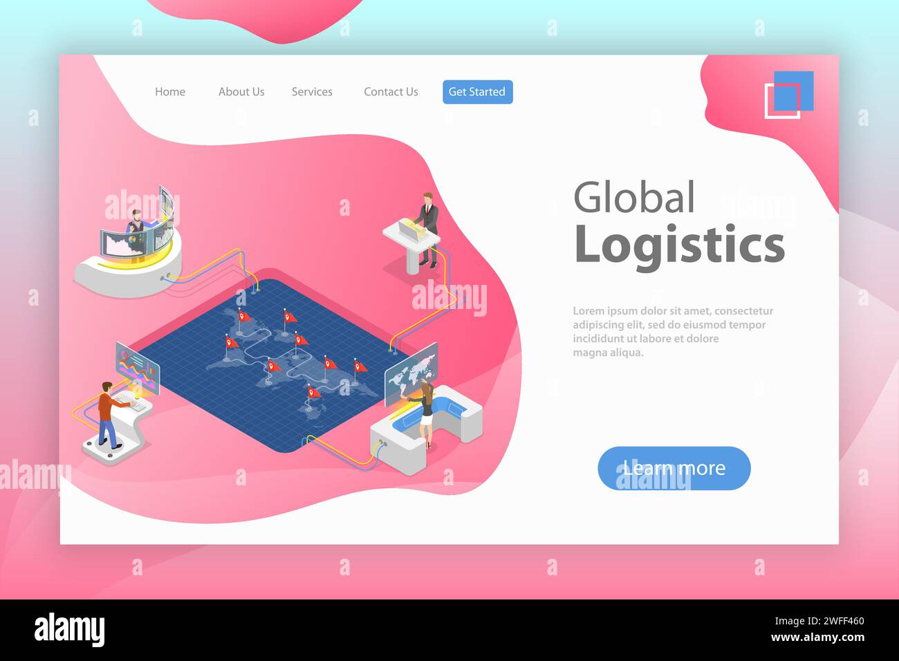 Flache isometrische Vektor-Landing-Page-Vorlage für globale Logistik, weltweiten Frachtversand, schnelle Lieferung. Stock Vektor