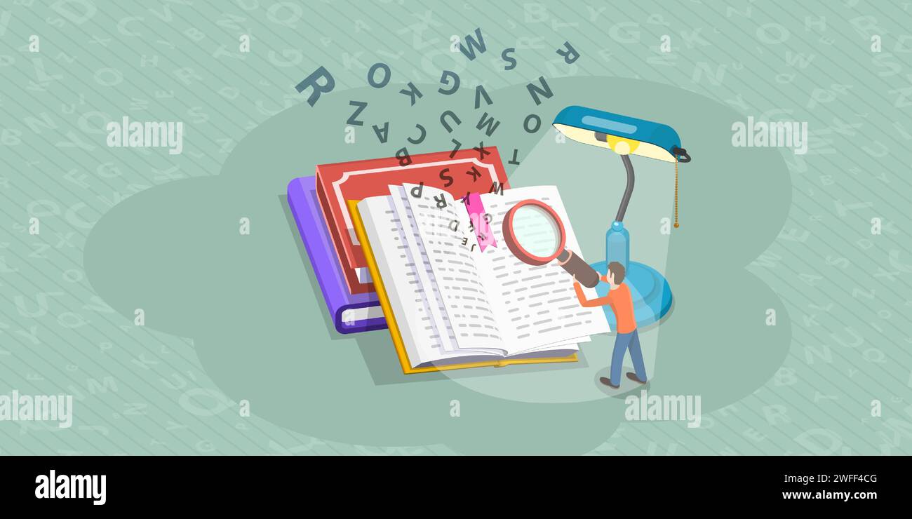 Isometrische flache Vektorkonzepte des Literaturlesens, des Sprachenlernens, der Suche nach Wörterbüchern, der Vokabelentwicklung. Stock Vektor