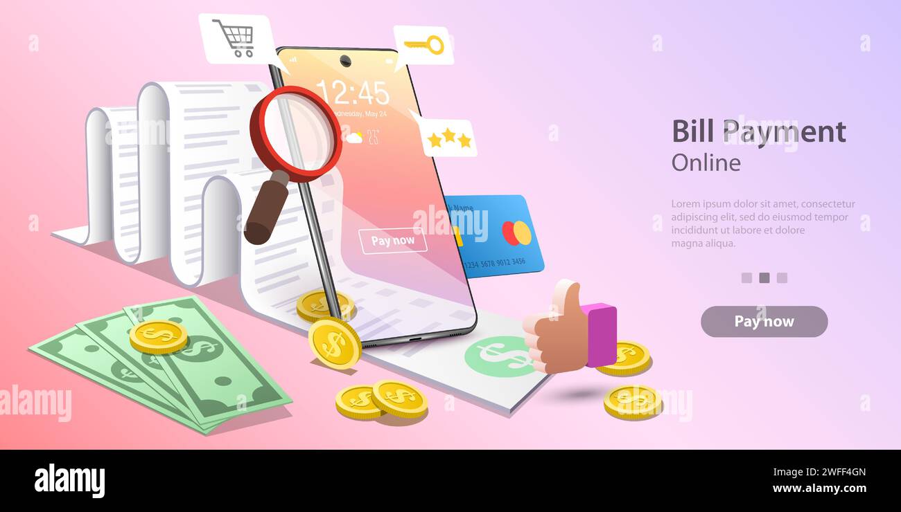 Vektor-Konzept Illustration von Rechnungen Online-Zahlung, sicheren mobilen Transaktionen, elektronischem Einkauf und Banking. Vorlage für Website-Landing-Page. Stock Vektor