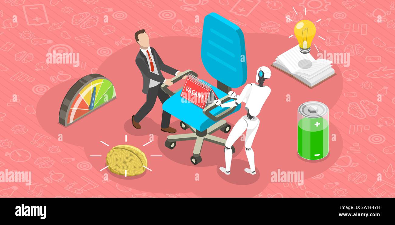 Vektorflaches isometrisches Konzept der Konkurrenz von Mensch und Roboter. Arteficial Intelegence. Geschäftsautomatisierung. Stock Vektor