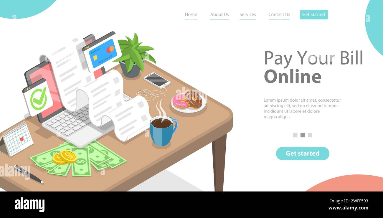 Bezahlen Sie Ihre Rechnungen online, sicheres elektronisches Einkaufen und Banking. Landing-Page-Vorlage für isometrischen flachen 3D-Vektor. Stock Vektor