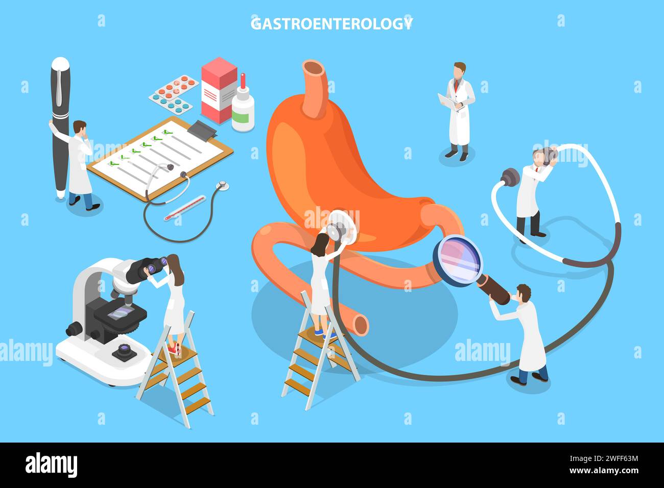 3D-Isometrisches Flachvektorkonzept der Gastroenterologie, des Verdauungssystems und seiner Störungen, der Behandlung des Gastrointestinaltrakts. Stock Vektor