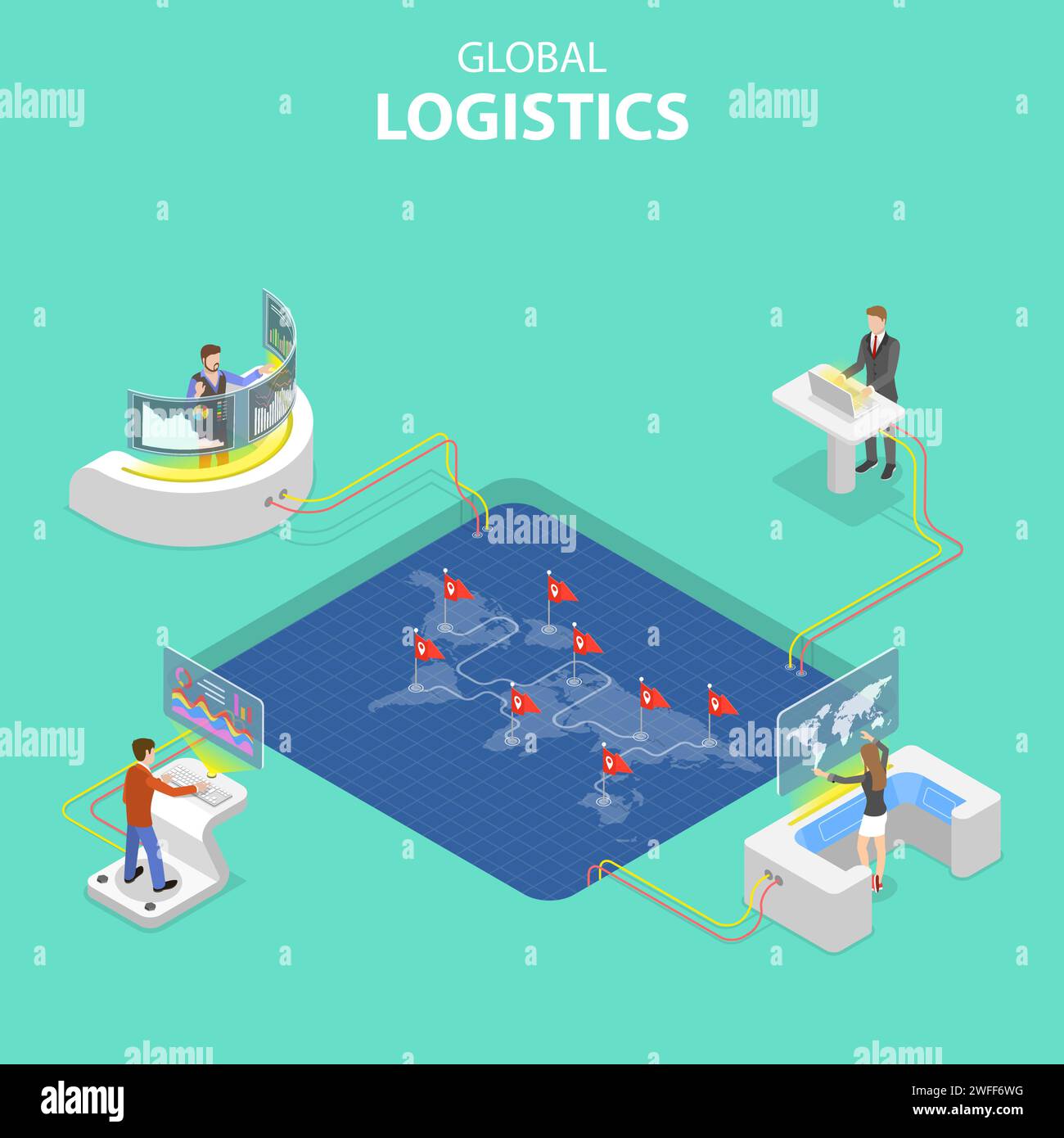 Flaches isometrisches Vektorkonzept für globale Logistik, weltweiten Frachtversand, schnelle Lieferung. Stock Vektor