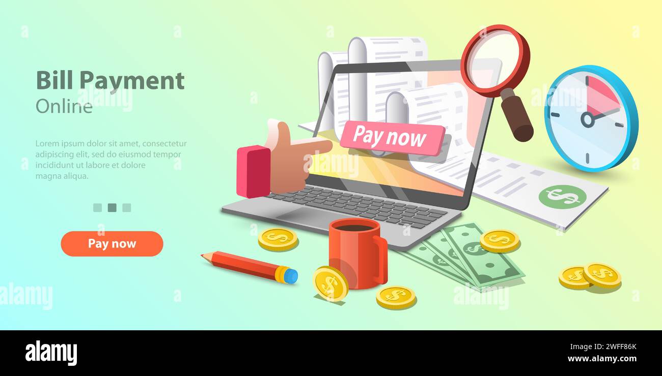 3D-Vektorkonzept Illustration von Rechnungen Online-Zahlung, sicherer mobiler Transaktion, elektronischem Einkauf und Banking. Vorlage für Website-Landing-Page. Stock Vektor